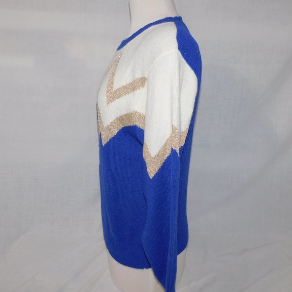 VTG 80s TanJay Womens M Blue White Gold Scalloped Neck Sweater Goldberg style - Picture 6 of 9